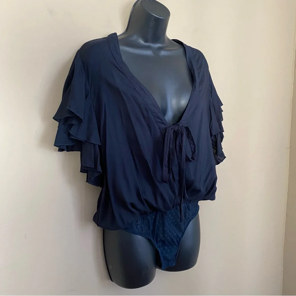 Intimately Free People Call Me Later Navy Blue Ruffle Sleeve Bodysuit - Picture 3 of 11